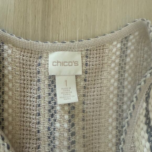 Chico's Beige Striped Open Front Knit Cardigan Sweater Short Sleeve Size 1 - Picture 3 of 6